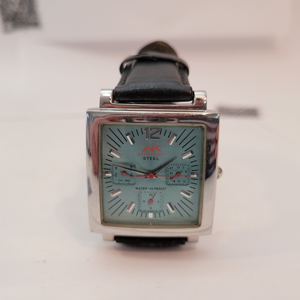 Anne Klein Watch Womens 10/5343 Blue Dial Square Stainless Steel Leather Vintage